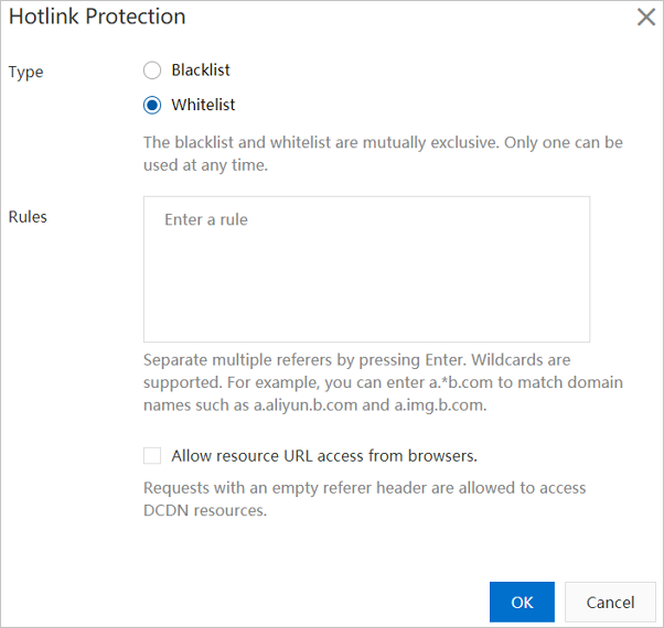 Configure a referer whitelist or blacklist to enable hotlink protection