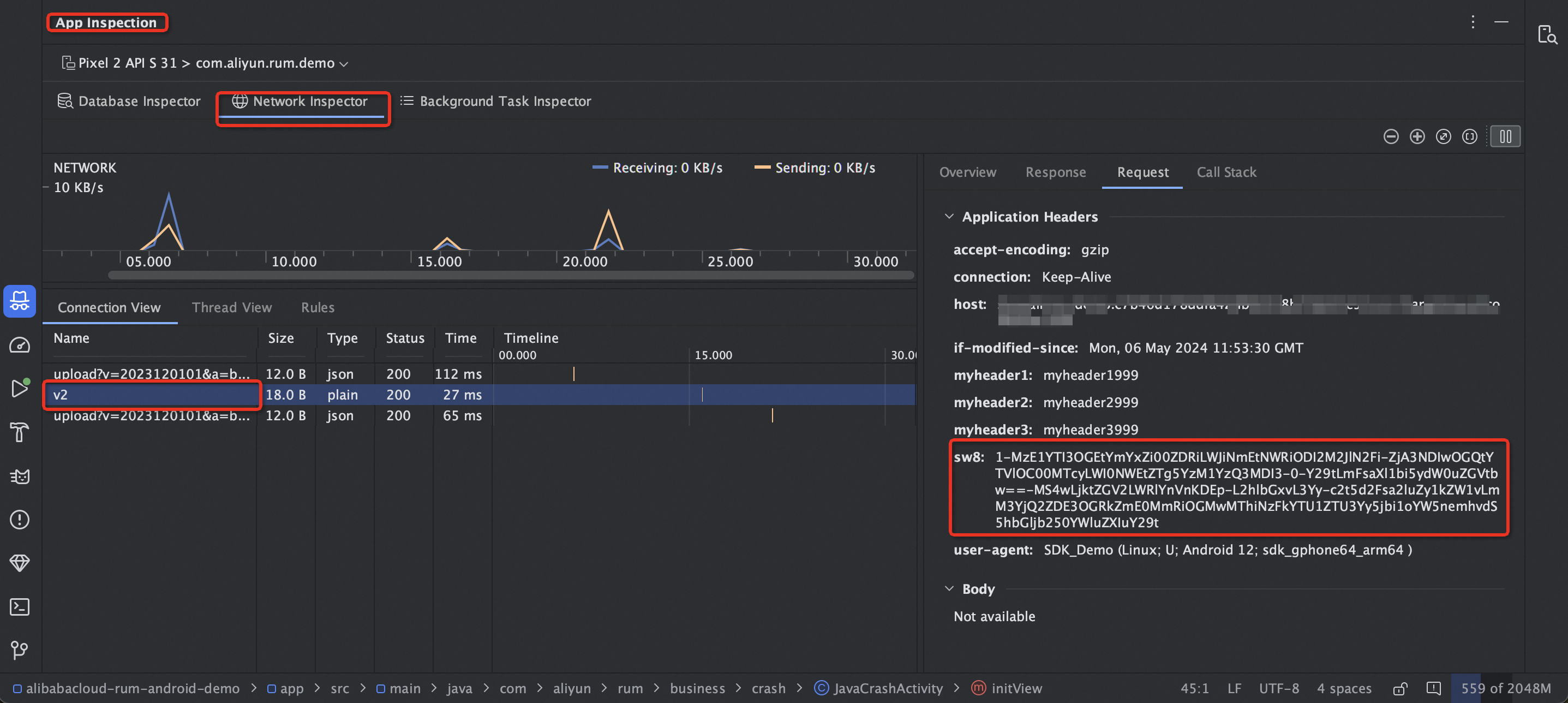Android App Inspection showing sw8 header in request