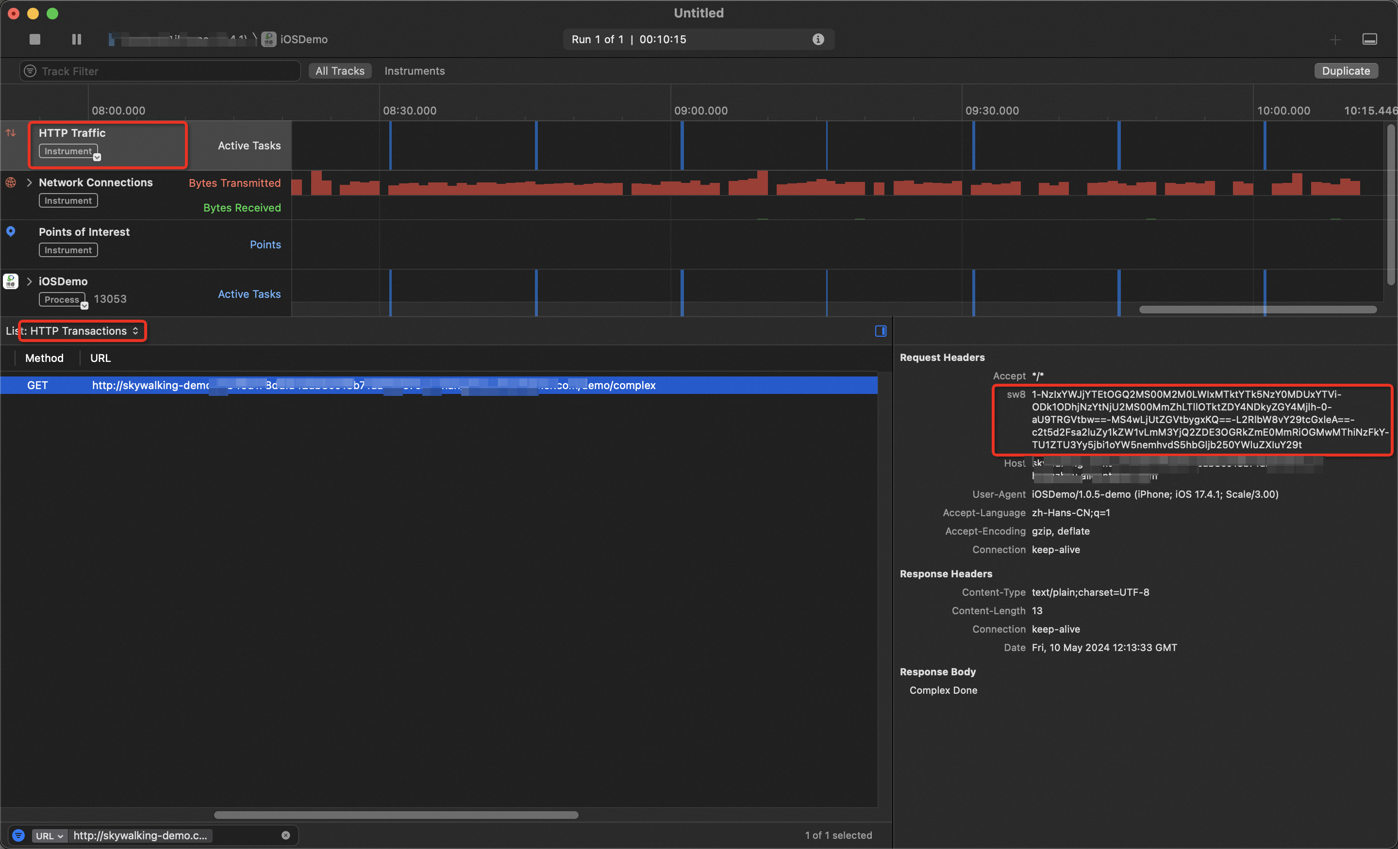 Xcode Instruments showing sw8 header in request