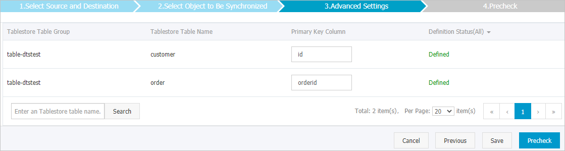 Advanced settings: Synchronize data from ApsaraDB RDS for MySQL to Tablestore