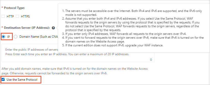 Configuration to forward requests to origin servers over IPv6