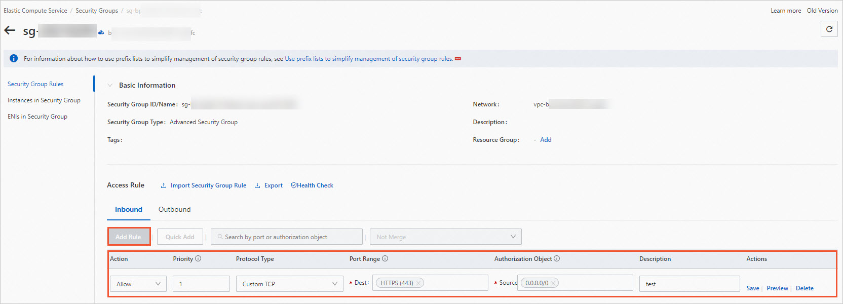 Add an inbound security group rule that allows traffic on port 443