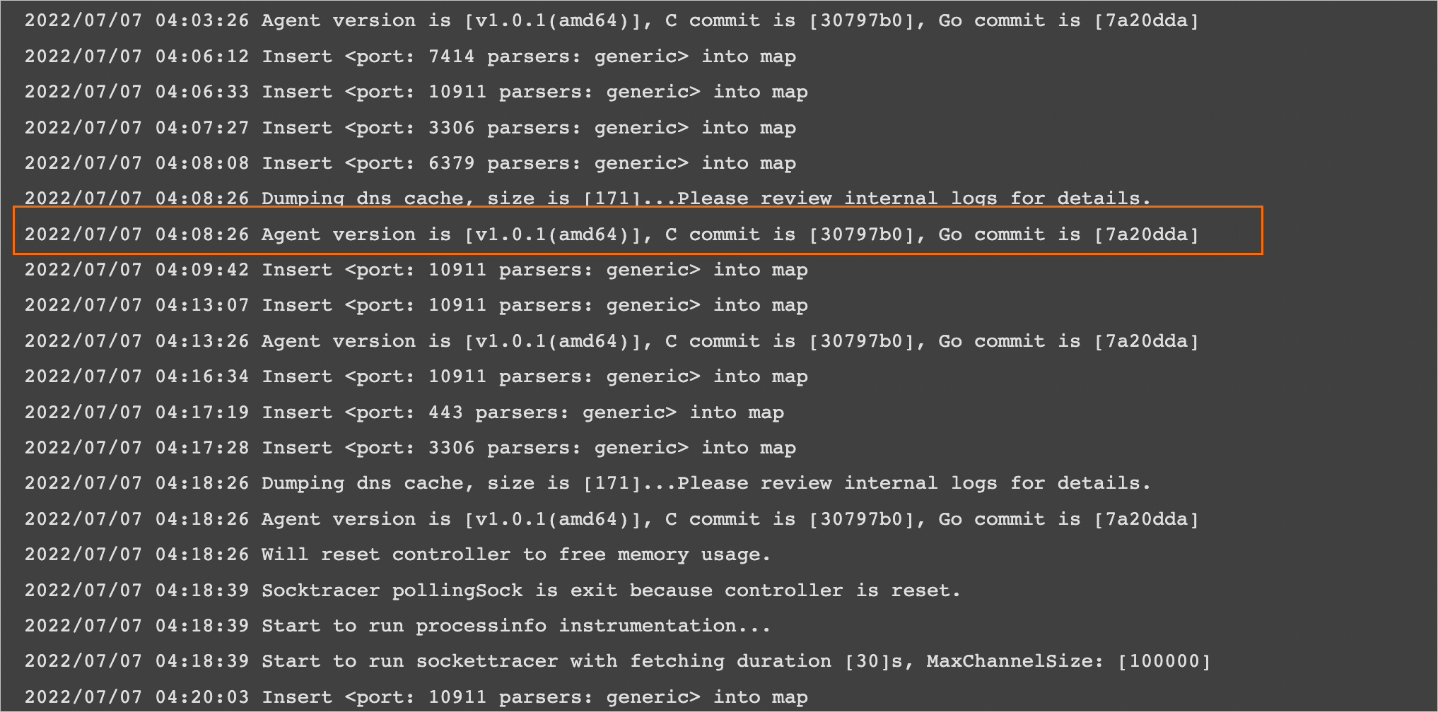 Logs of a normal pod