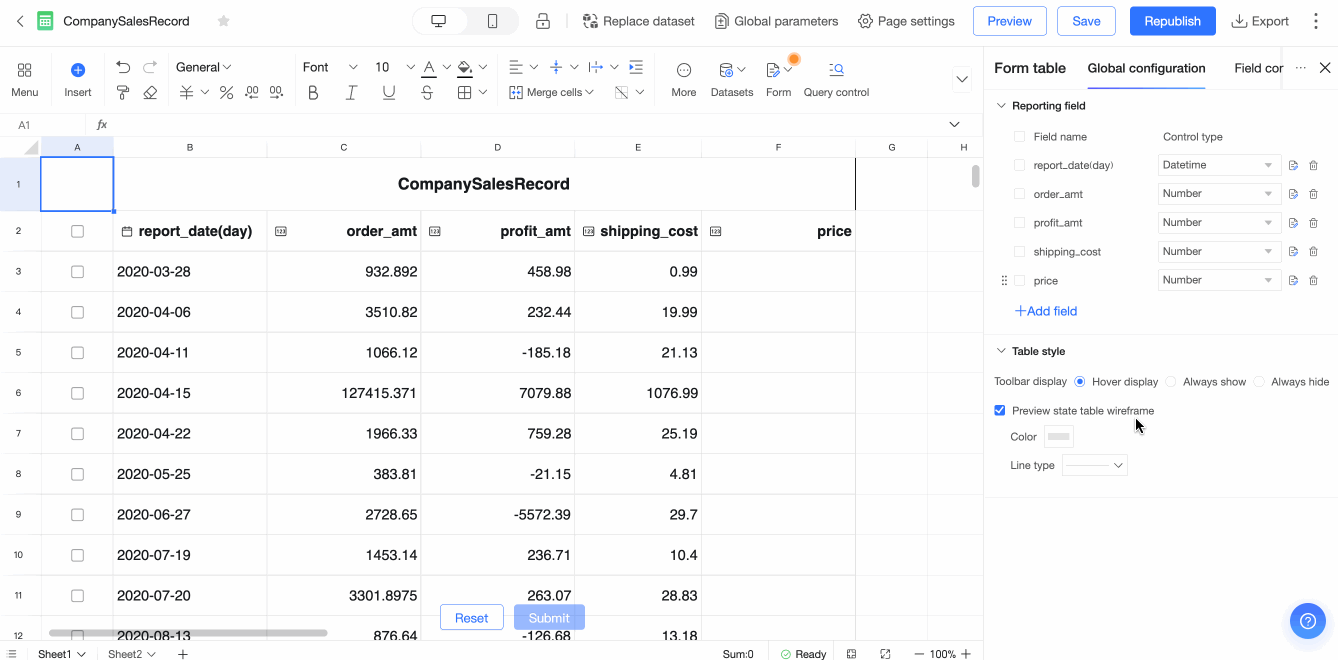 Preview Table Wireframe