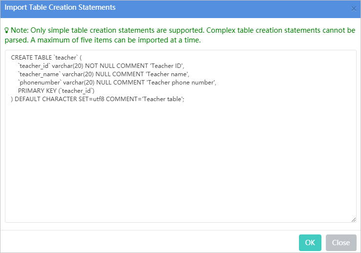 Import Table Creation Statements