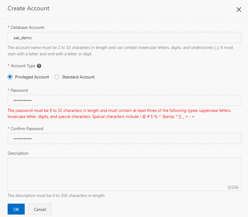 Create an account for an ApsaraDB RDS instance
