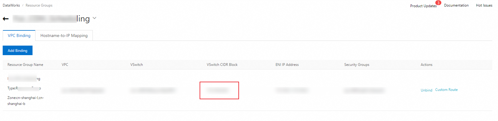 CIDR block of the vSwitch with which the exclusive resource group for Data Integration is associated