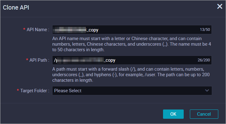 Clone API dialog box