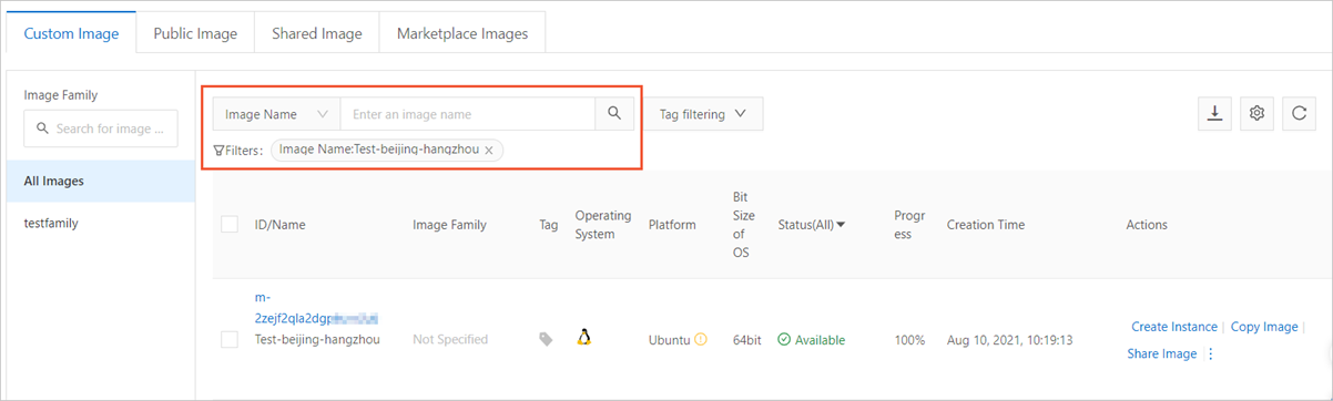 Search for the generated custom image