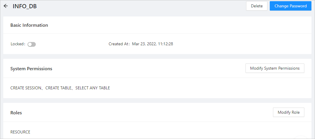 Modify the privileges of a user under an Oracle tenant