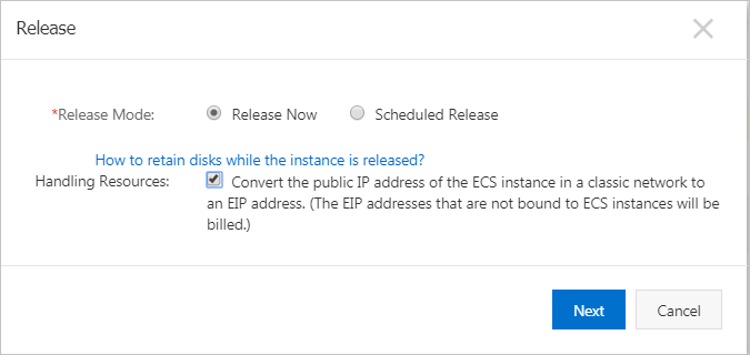 Convert the public IP address of the ECS instance in a classic network to an EIP address. (The EIP addresses that are not bound to ECS instances will be billed.)