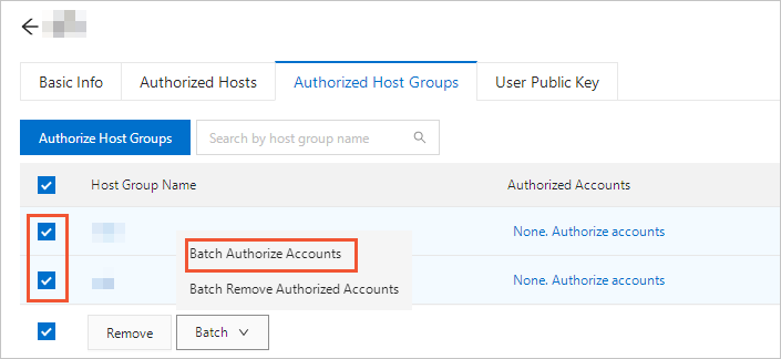 Authorize the accounts of multiple host groups for a user