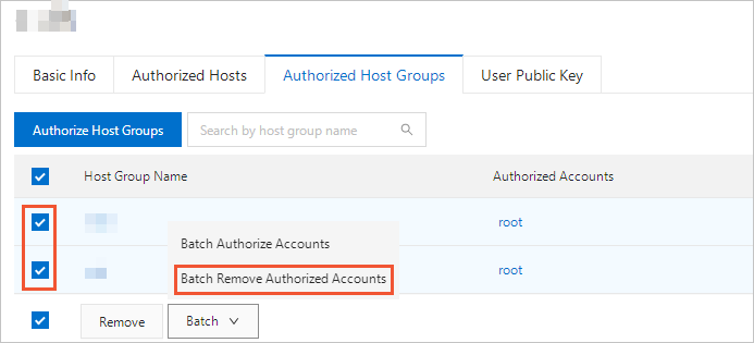 Remove the accounts of multiple host groups that are authorized for a user