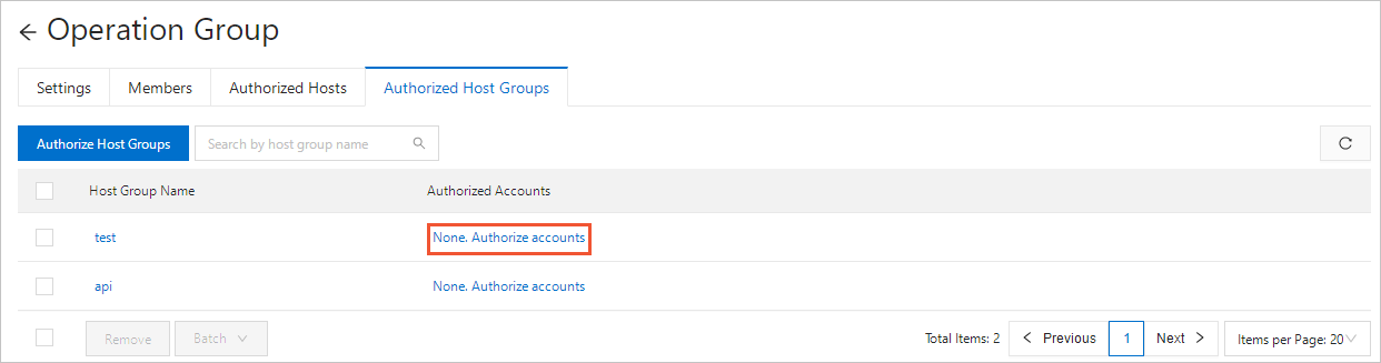 Authorize the accounts of a single host group for a user group