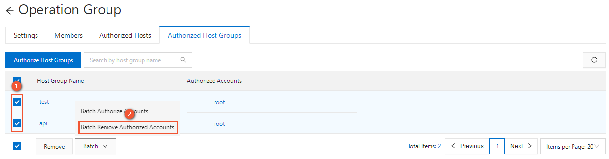 Remove the accounts of multiple host groups that are authorized for a user group