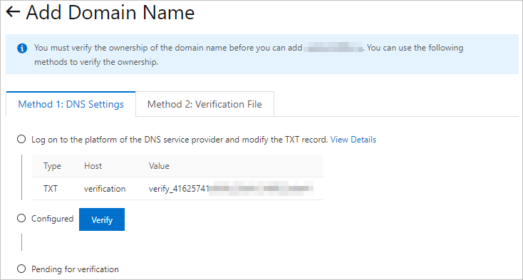Add a DNS record to verify the ownership