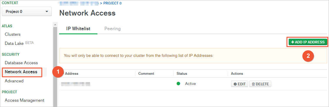 Create an IP address whitelist for a MongoDB Atlas database