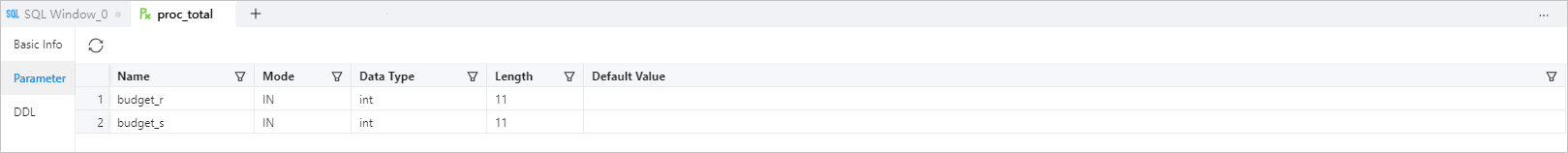 Database objects  / / /> Manage stored objects > Parameters