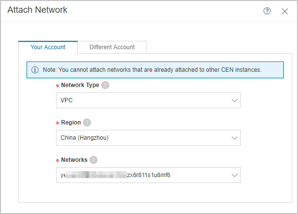 Attach a network instance that is created by the same account