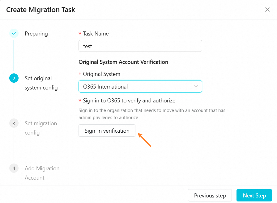 Logon and Authenticate button in the migration task wizard