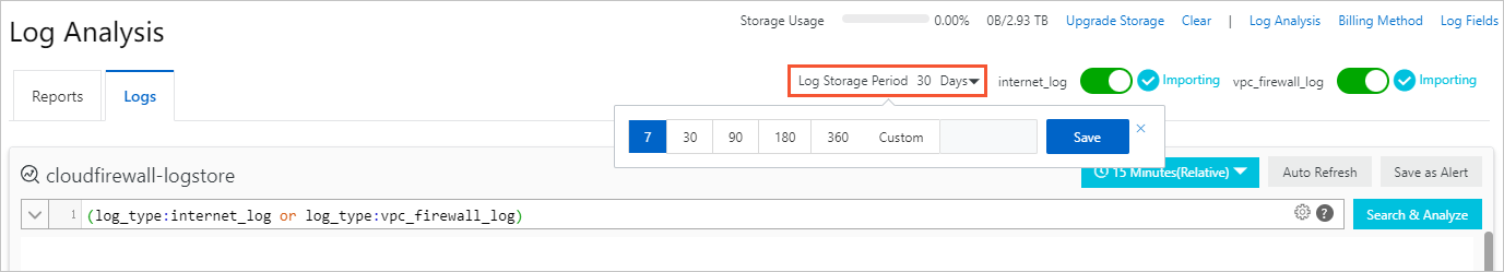 Change the log storage duration