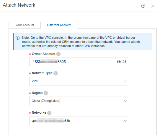 Attach a network instance that is created by a different account