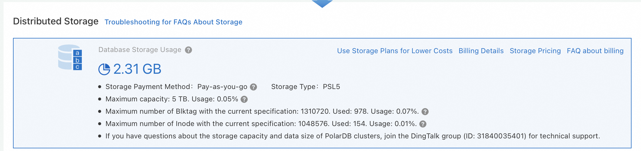 Database storage usage