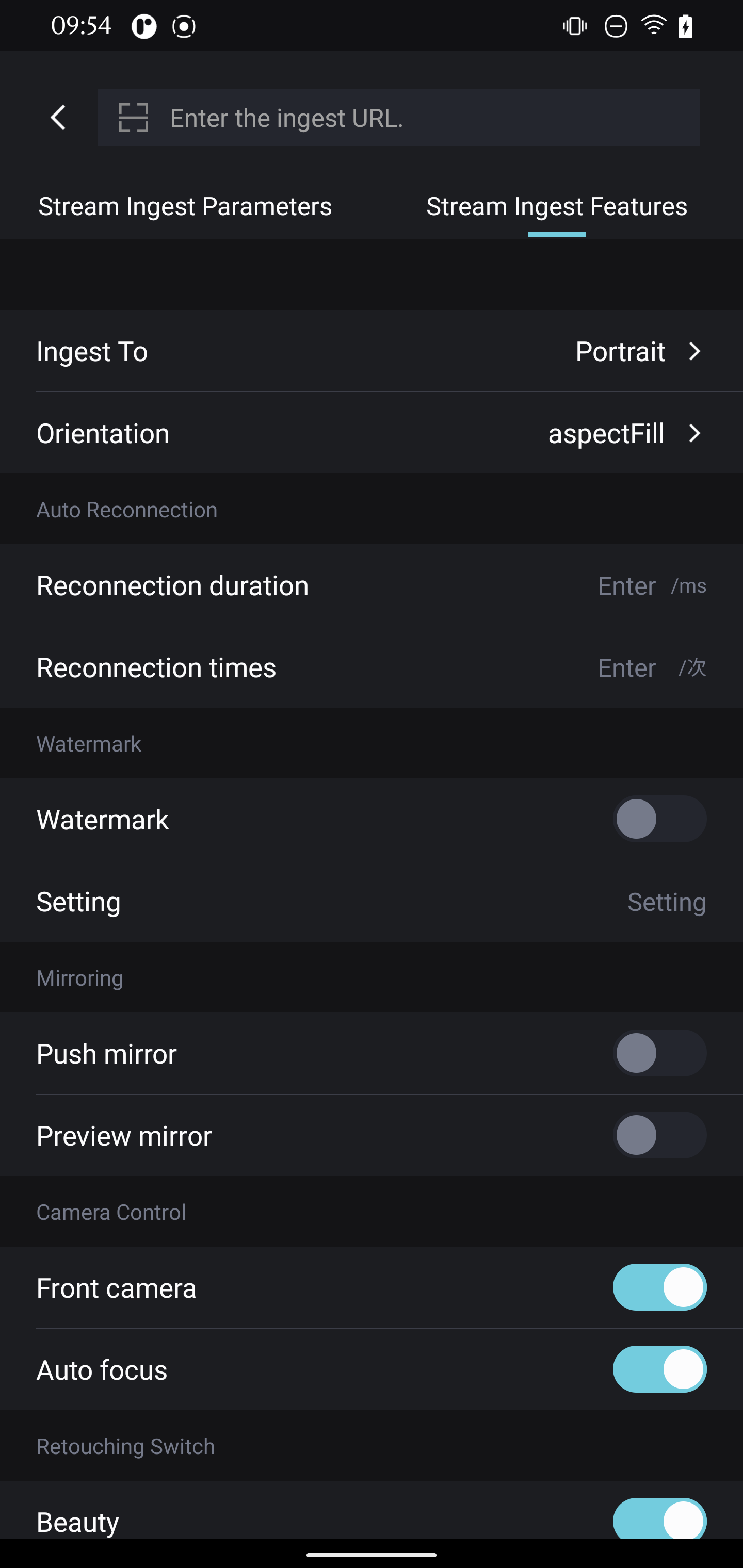 Stream ingest settings - Feature settings