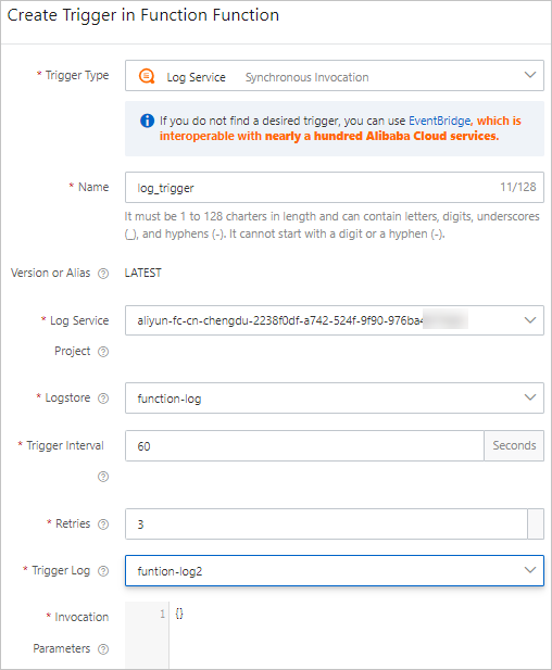Create Trigger panel-Log Service