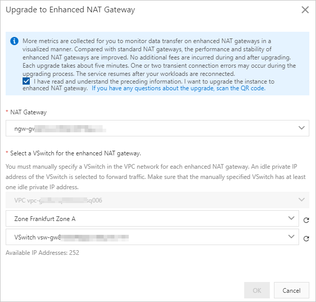 The Upgrade to Enhanced NAT Gateway dialog box