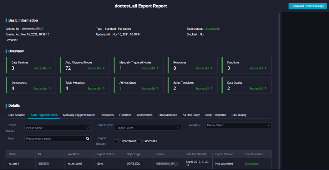 View Export Report