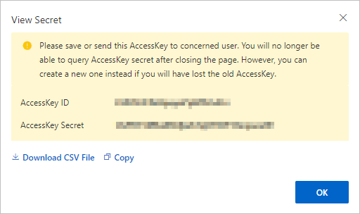 Create AccessKey dialog box
