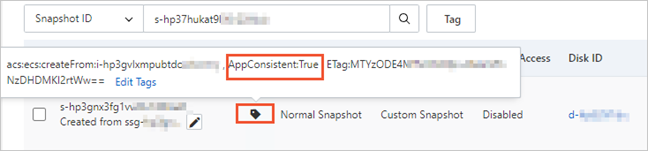 Tag of application-consistent snapshots