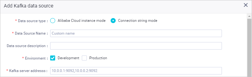 Add a Kafka data source by using the connection string mode