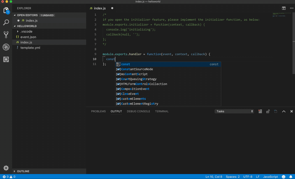 Develop and run a function in Visual Studio Code