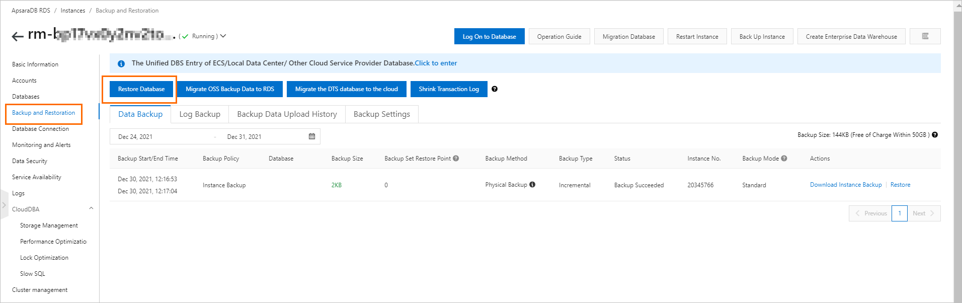 Restore the data of an ApsaraDB MyBase for SQL Server instance ...