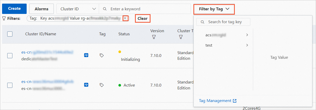 Filter clusters by tag