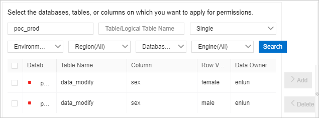 Search for the values based on which you want to apply for row permissions