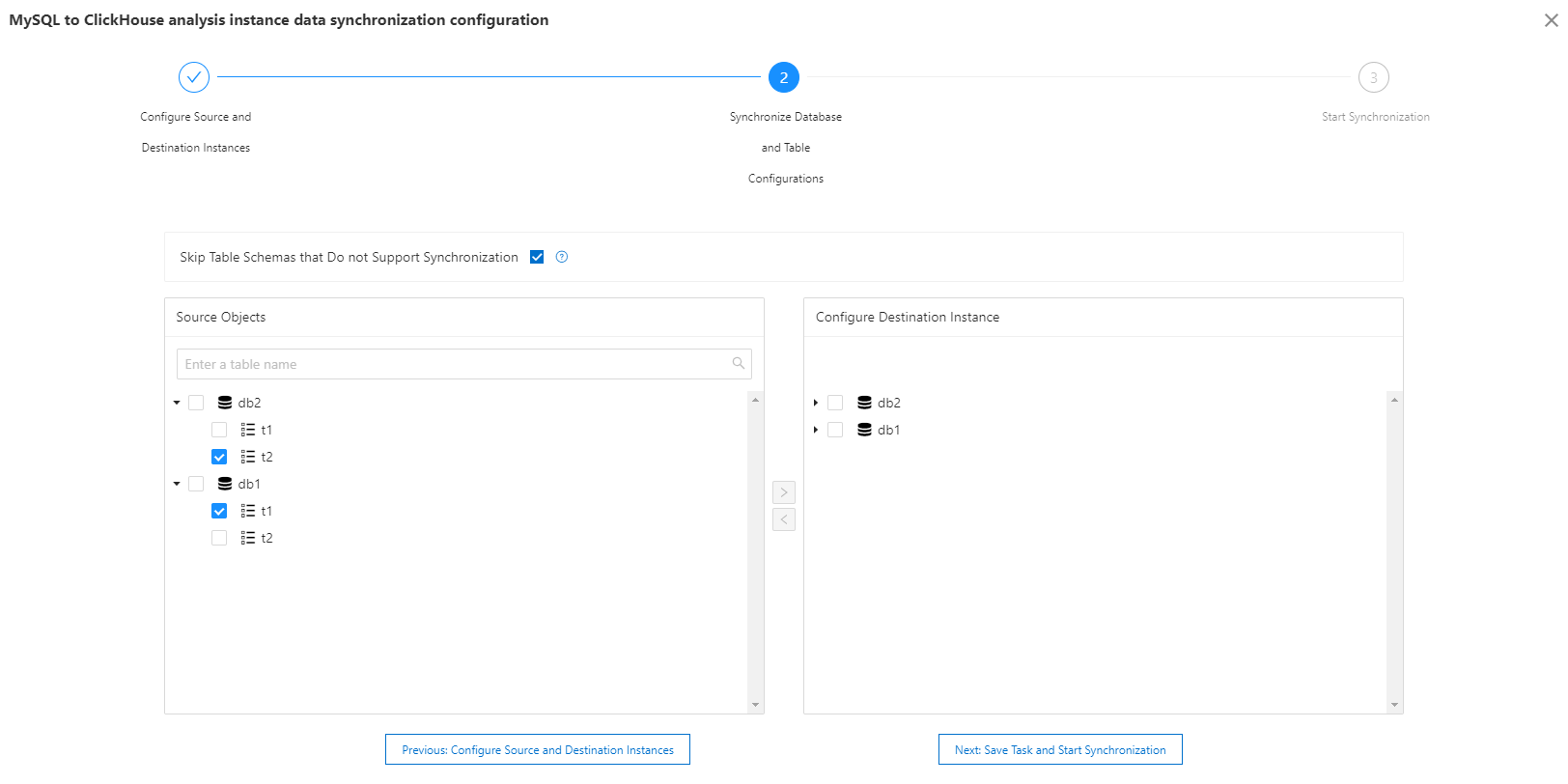 Database and table configuration