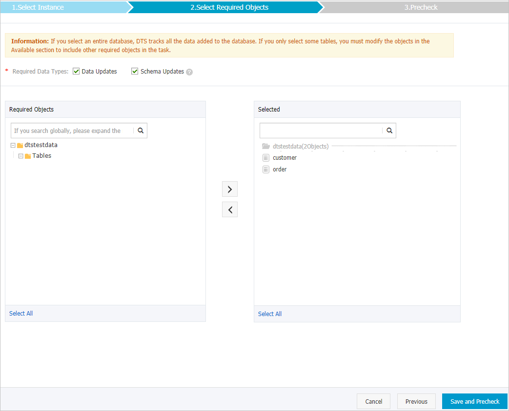 Select the data change types and objects