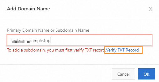 Enter a subdomain name and click Verify TXT Record