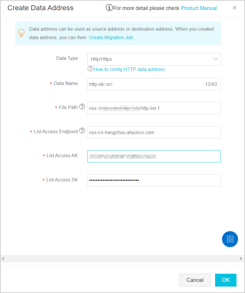 Create an HTTP source data address