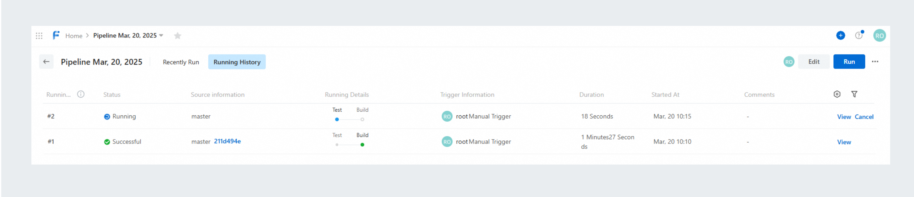 Operation history screenshot