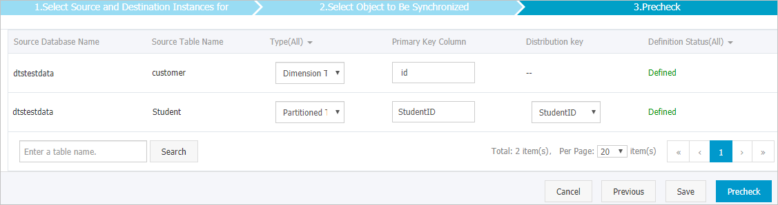 Specify the table type, primary key column, and distribution key