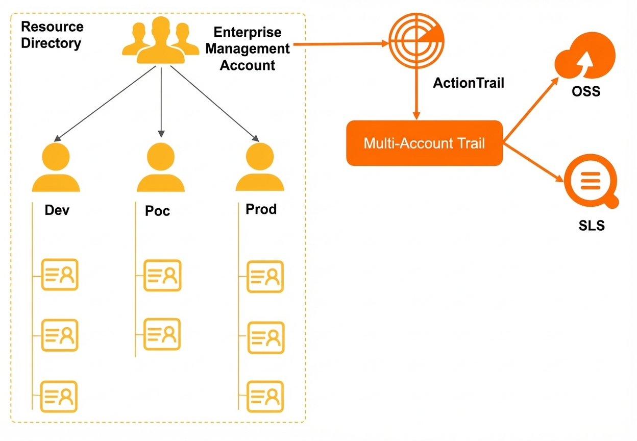A multi-account trail created by the management account or a delegated administrator account delivers the management events of all members in a resource directory to an OSS bucket or an SLS Logstore.
