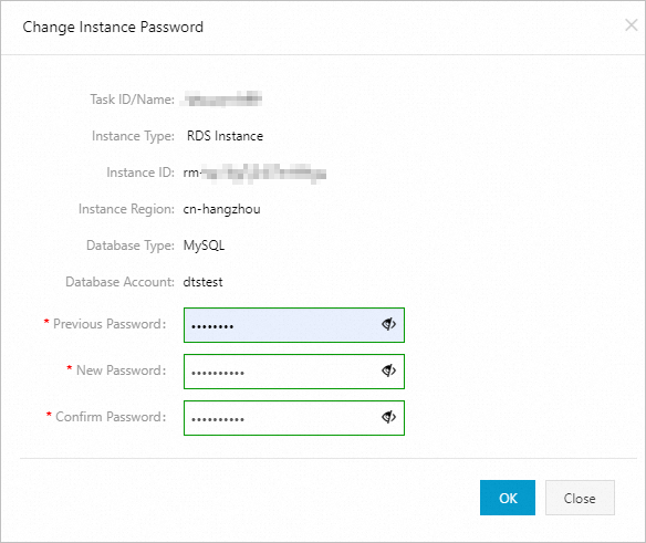 Change the password of a database account