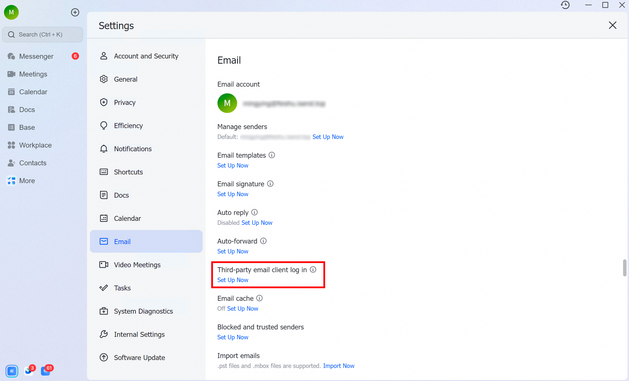 Third-party email client logon setting