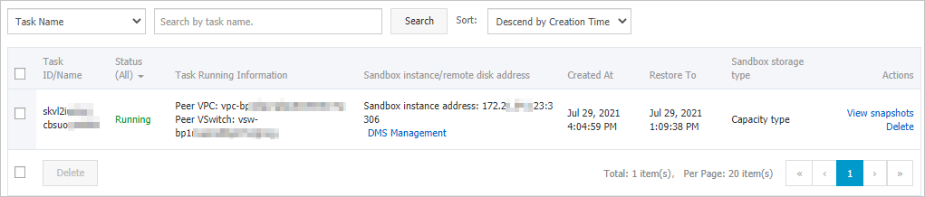 View the details of the sandbox instance