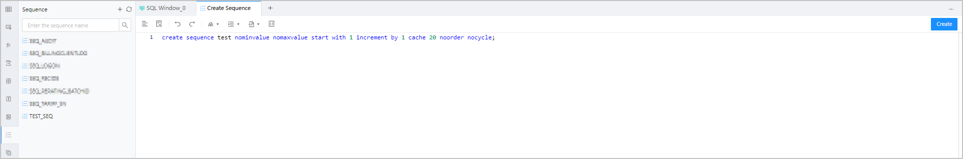 Database Object  / / /> Create Sequence > Confirm