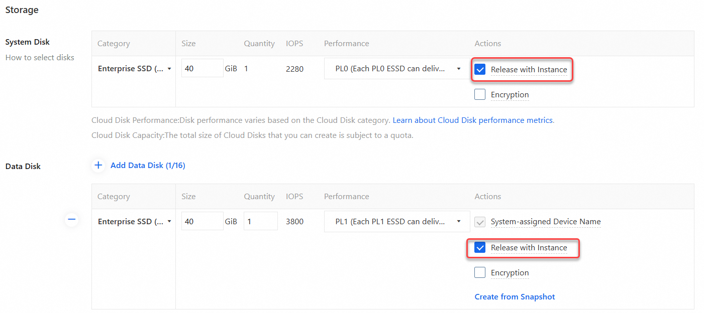 基础配置时取消云盘随实例释放